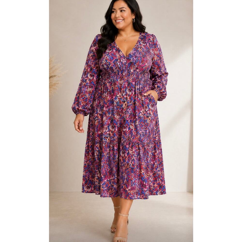Haptics by Holly Harper Floral Midi Dress 3X Boho Long Sleeve Plus Size